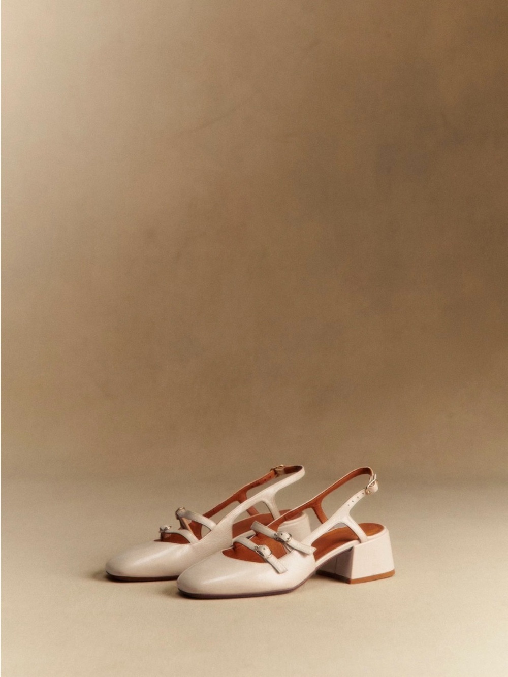 Sezane Cream Slingback Block Heel Pumps with Buckle Detail
